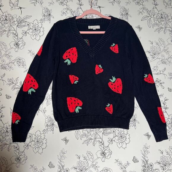 Loft navy strawberry cotton v neck sweater - Picture 1 of 5